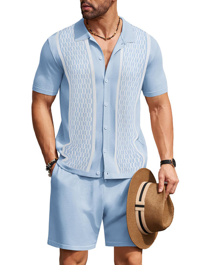 COOFANDY Men's 2 Piece Outfit Vintage Short Sleeve Button Down Knit Polo Shirts Casual Beach Shorts Sets
