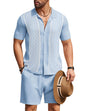COOFANDY Men's 2 Piece Outfit Vintage Short Sleeve Button Down Knit Polo Shirts Casual Beach Shorts Sets