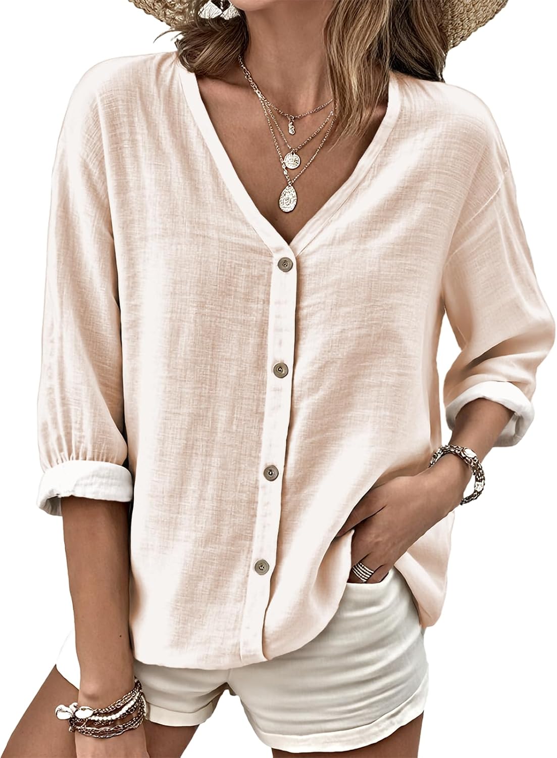 MARSVOVO V Neck Shirts for Women Lightweight Decorative Button 3/4 Sleeve Blouses Comfy Casual Business Flowy Top