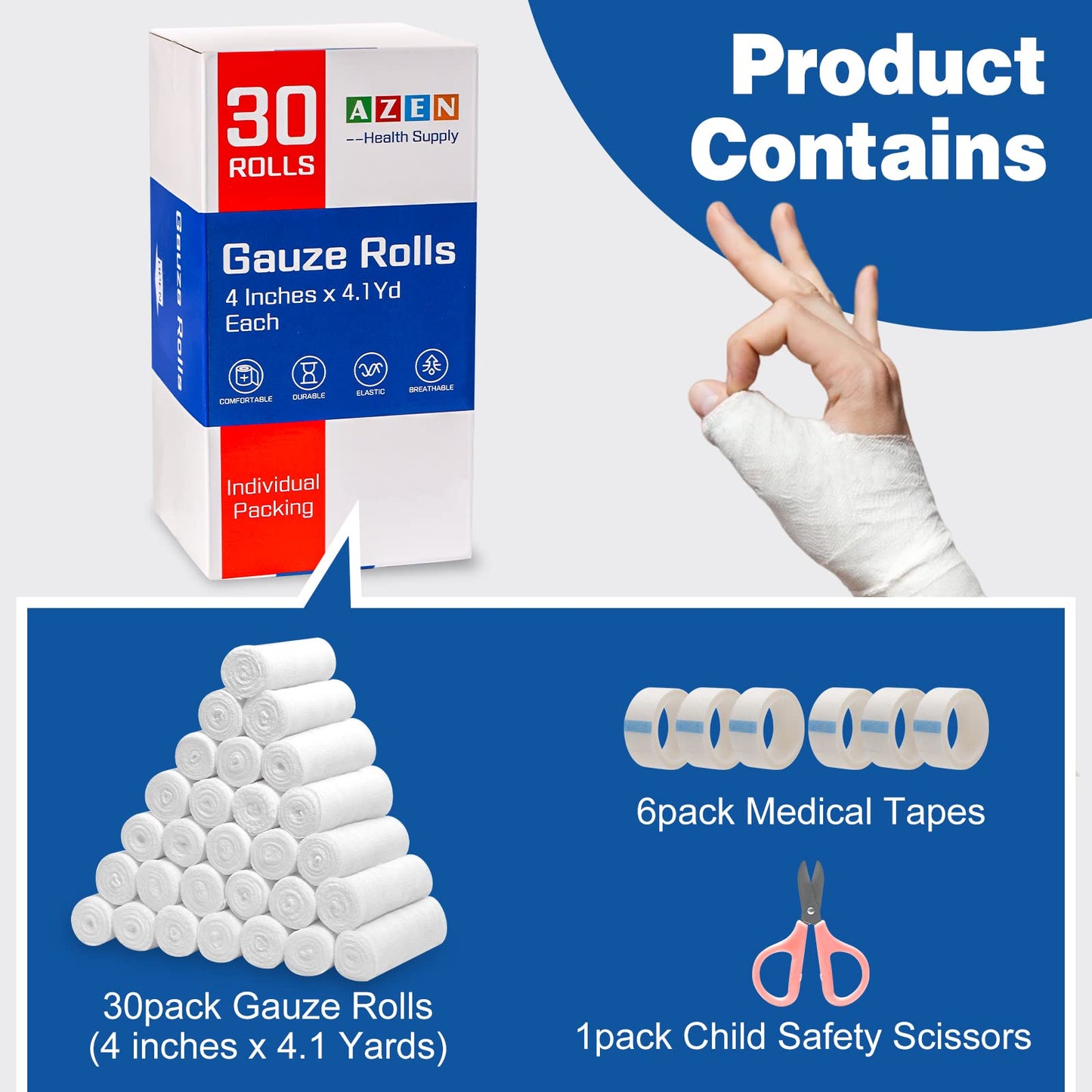 AZEN 25 Pack Gauze Rolls Bandages, 3 in x 4.1 Yards, Premium Medical Supplies & First Aid Supplies, Bandage Wrap Vet Wrap, Mummy Wraps