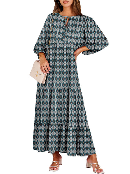 ANRABESS Womens Boho Floral 3/4 Puff Sleeve Maxi Dress | Tiered Flowy Loose Fit, Comfy Soft Rayon Fabric, Wedding Guest Church Beach, Modest Elegant, Spring Summer Fall Outfits