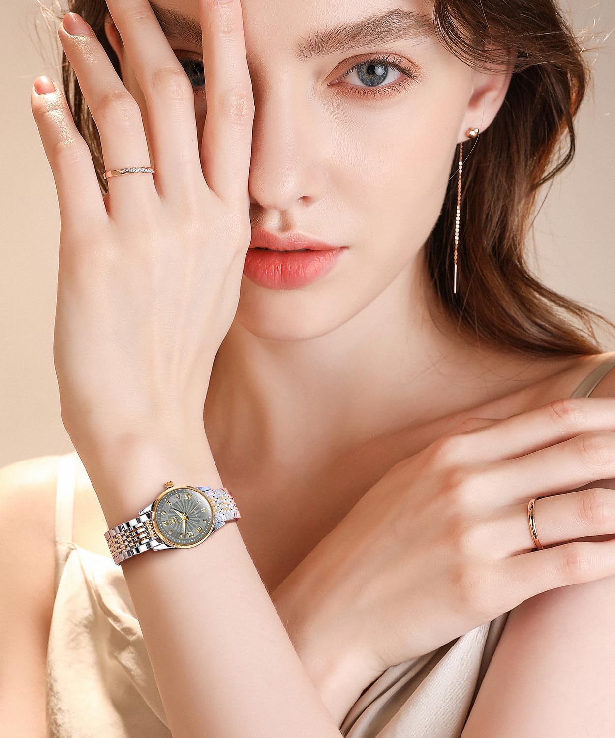 OLEVS Womens Automatic Watches Gold Classic Diamond Ladies Self Winding Mechanical Two Tone Stainless Steel Wrist Watch Date