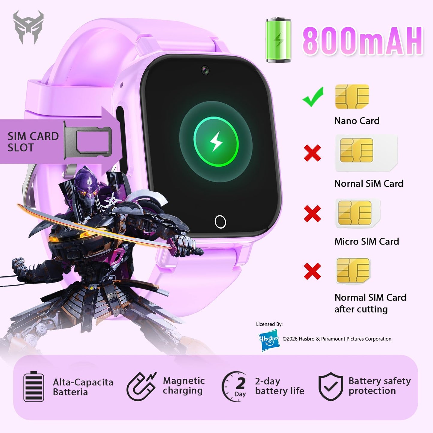 Transformers 4G Kids Smart Watch Phone, GPS, Video Call, Waterproof - Pink | Smartwatch for Boys Girls Ages 4-12, Class Mode, SOS, Camera, Alarm, Touch Screen, Gifts with Bonus Woven Strap & SIM Card