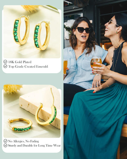 14K Gold Plated/925 Sterling Silver Birthstone Hoop Earrings for Women | 18mm Created Gemstone Hoops,Hypoallergenic and Lightweight,Birthday Mother's Day Jewelry(with Gift Box)