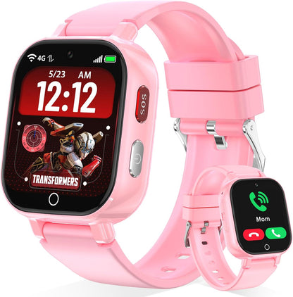 Transformers 4G Kids Smart Watch Phone, GPS, Video Call, Waterproof - Pink | Smartwatch for Boys Girls Ages 4-12, Class Mode, SOS, Camera, Alarm, Touch Screen, Gifts with Bonus Woven Strap & SIM Card