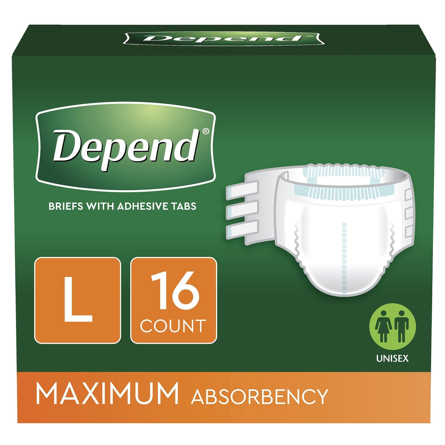 Depend Adult Diapers with Tabs, Incontinence Protection with Tabs, Unisex, Large (35–49" Waist, over 170 lbs), Maximum Absorbency, 48 Count (3 Packs of 16)
