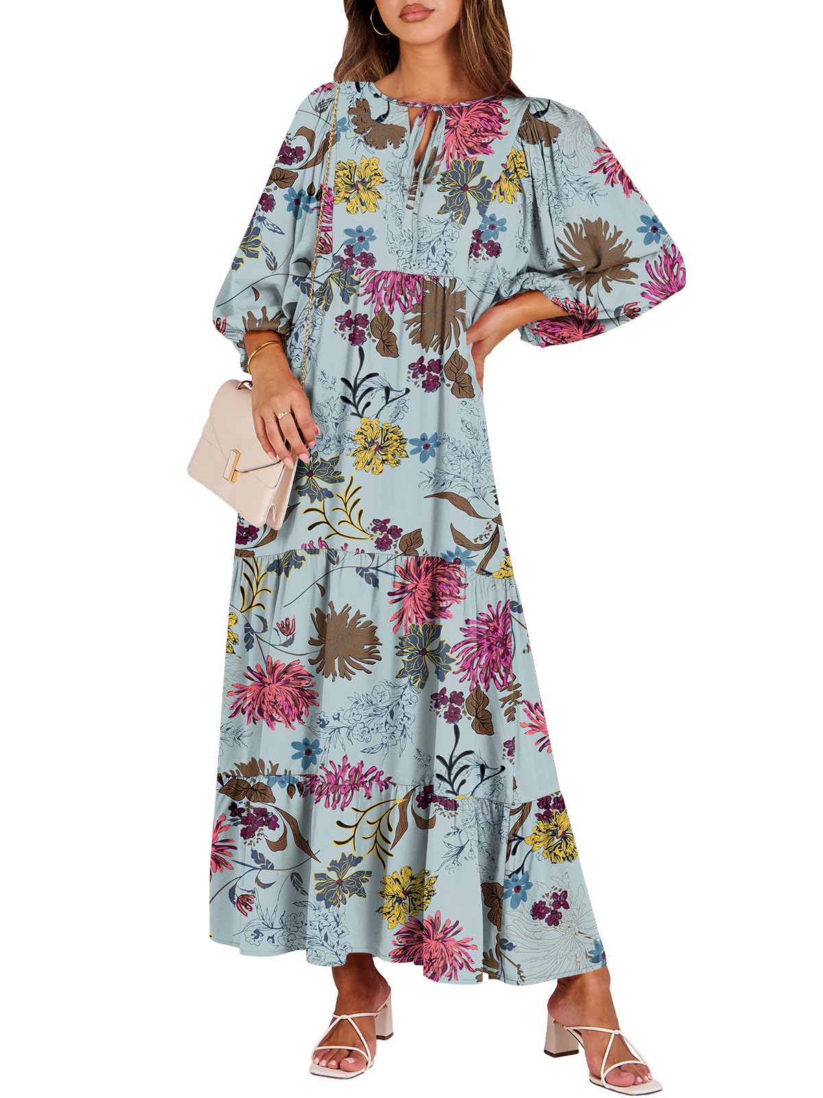ANRABESS Womens Boho Floral 3/4 Puff Sleeve Maxi Dress | Tiered Flowy Loose Fit, Comfy Soft Rayon Fabric, Wedding Guest Church Beach, Modest Elegant, Spring Summer Fall Outfits