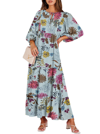 ANRABESS Womens Boho Floral 3/4 Puff Sleeve Maxi Dress | Tiered Flowy Loose Fit, Comfy Soft Rayon Fabric, Wedding Guest Church Beach, Modest Elegant, Spring Summer Fall Outfits