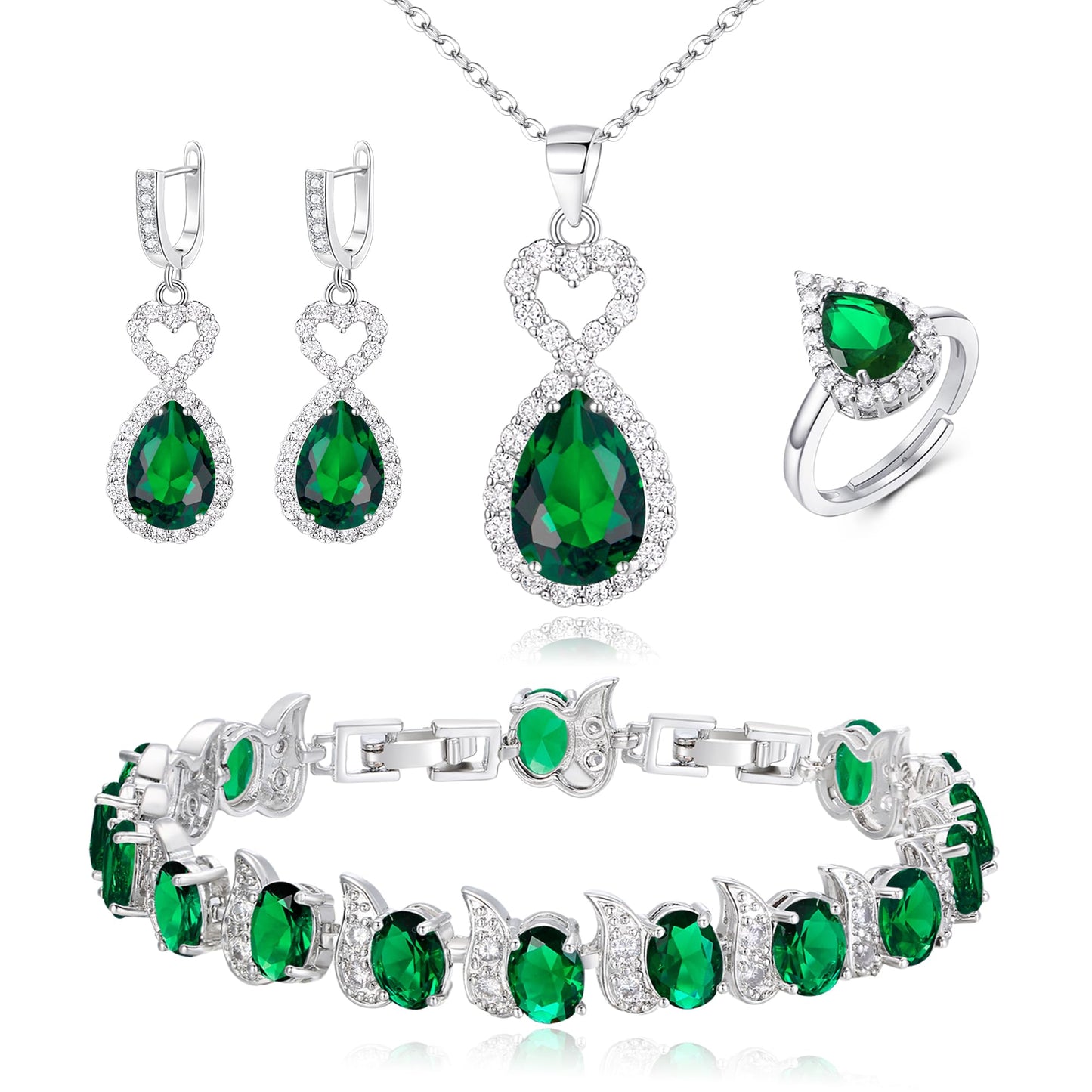 BriLove Wedding Jewelry Set for Women Bride Bridesmaid | Gorgeous Cubic Zirconia Teardrop Necklace Earrings Bracelet Adjustable Ring Jewelry Gift for Birthday/Anniversary