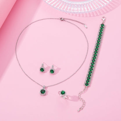 Paxuan 4pcs Cubic Zirconia Wedding Jewelry Sets for Bride Bridesmaid Cubic Zirconia Pendant Necklace Earrings Link Tennis Bracelet Open Ring Set for Women