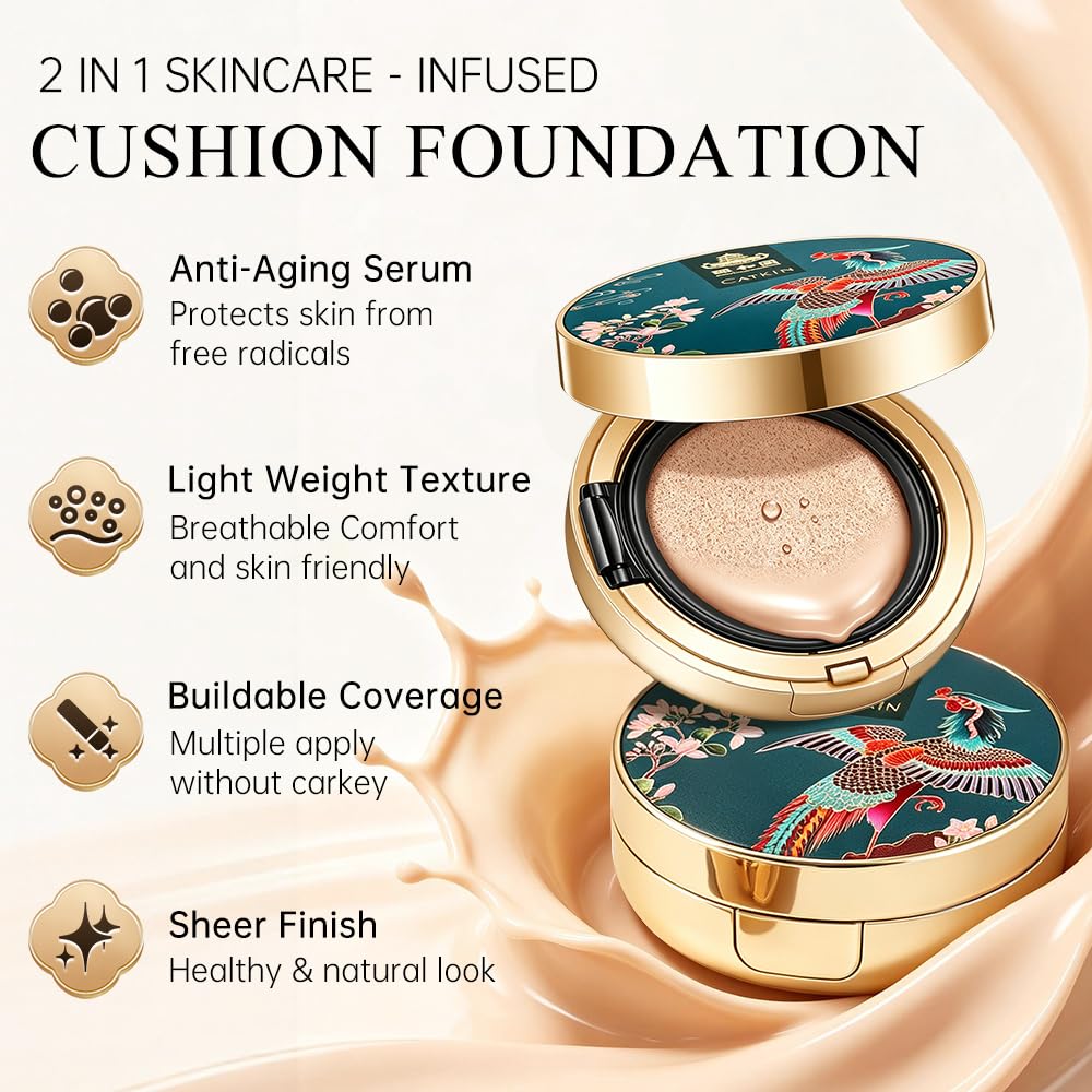 Catkin Phoenix Cushion Foundation Buildable Coverage Anti-Aging Serum Makeup, Sheer Satin Finish, Refill Included, Light Beige 0.46 Oz x 2, C02 IVORY