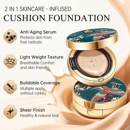Catkin Phoenix Cushion Foundation Buildable Coverage Anti-Aging Serum Makeup, Sheer Satin Finish, Refill Included, Light Beige 0.46 Oz x 2, C02 IVORY