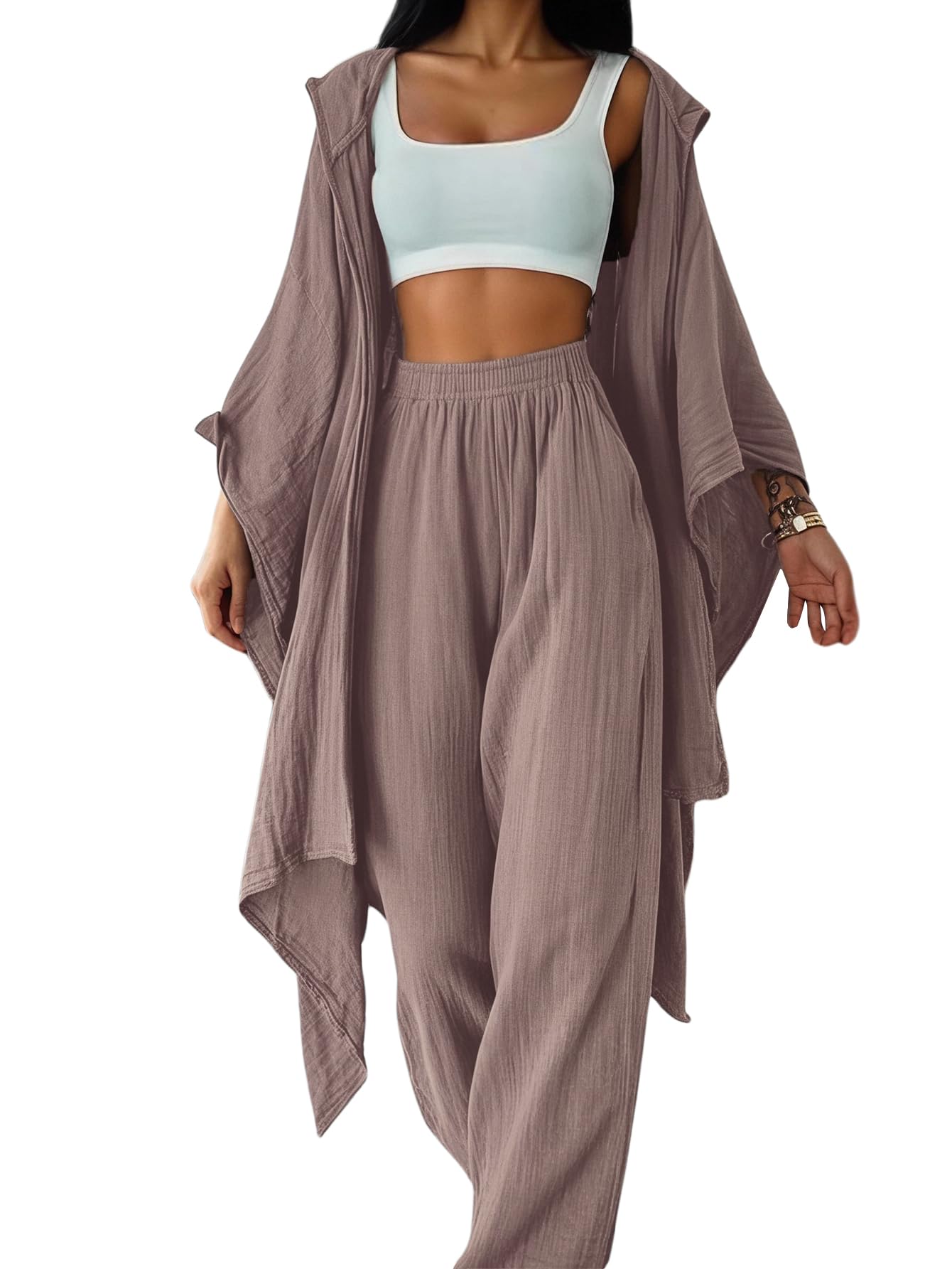 SOLY HUX Women's 2 Piece Linen Sets Hooded Kimono Cardigan High Waist Pants | Boho, Wide Leg, Elastic Waisted, Casual, Flowy, 2 Piece Outfits