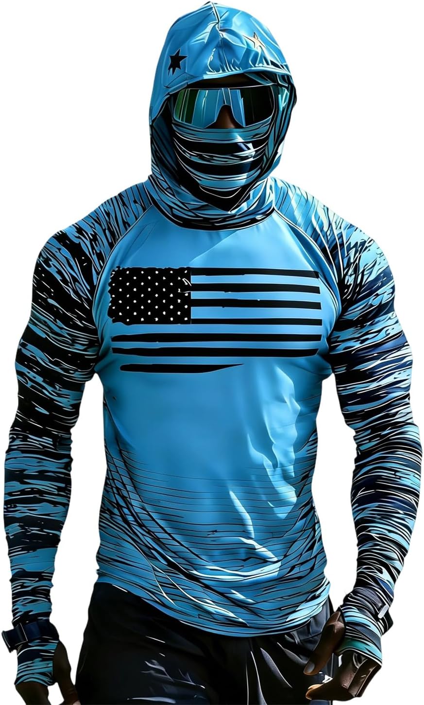 Sun Protection Shirts for Men UPF 100+ Long Sleeve Hoodie with Mask Shirts | Camouflage Outdoor Fishing Tees Cooling Raglan Shirts