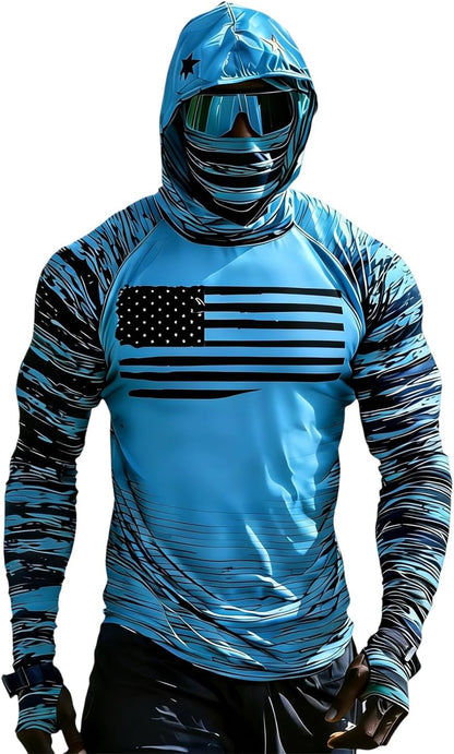 Sun Protection Shirts for Men UPF 100+ Long Sleeve Hoodie with Mask Shirts | Camouflage Outdoor Fishing Tees Cooling Raglan Shirts