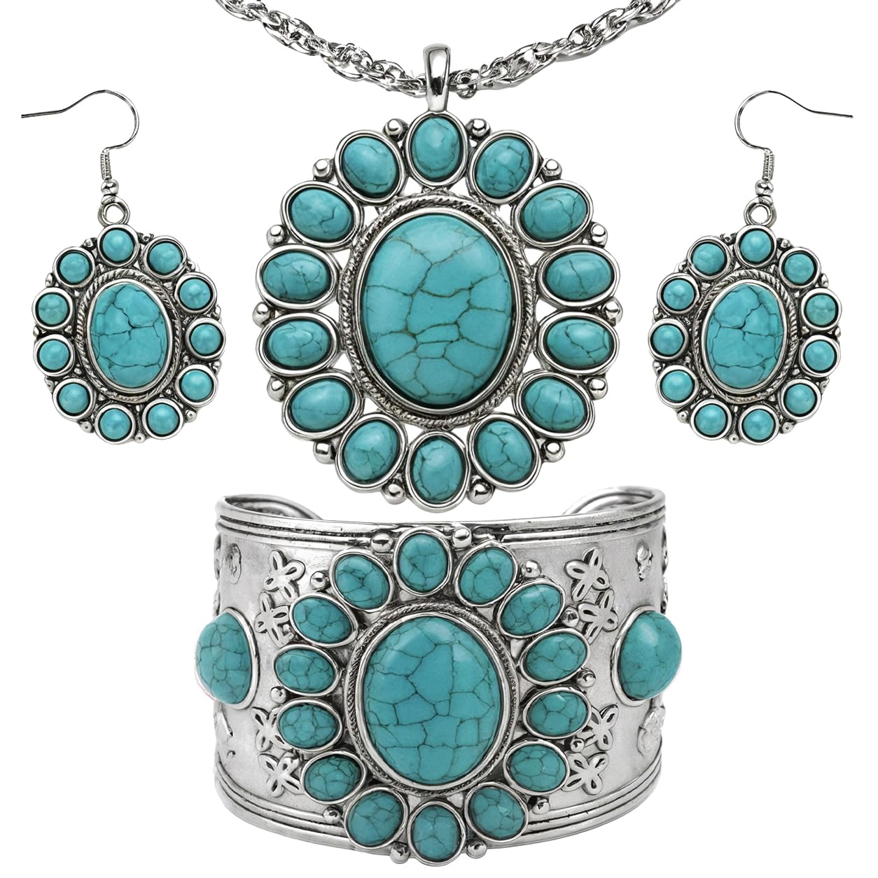 Shop LC Howlite Western Jewelry Set for Women Boho Cowgirl | 3-Piece Necklace Bracelet Earrings, Turquoise-Inspired, Chunky Statement, Southwestern