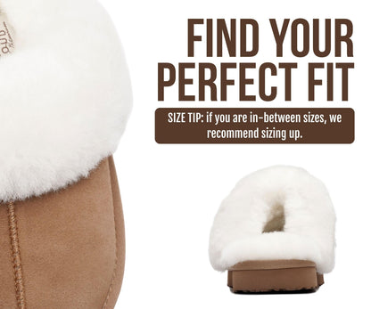 Project Cloud Genuine Leather Slippers for Women with Genuine Fur Lining, Non-Slip Indoor/Outdoor Clog Mule Slippers, Memory Foam Insole
