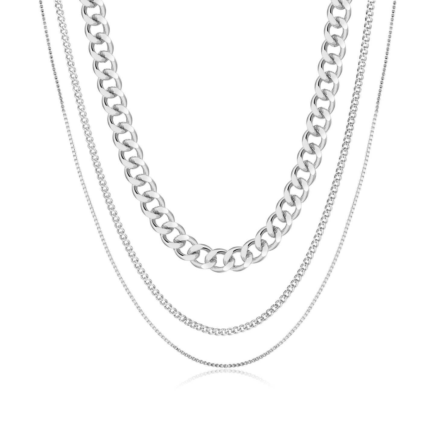 3PCS Gold Necklaces for Women,Chunky Statement Gold Plated Necklace Stack Layered Sterling Silver Herringbone Chains for Women Dainty Trendy Silver Chains Stacked Jewelry Gifts