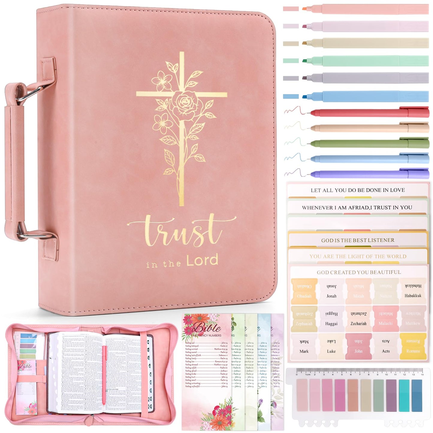 XKDOUS 20 Pcs Bible Case Set with Tabs, Pens, Study Supplies Carrier Holder Portable Men's Bible Bag Church Book Leather Cover Father Day Christian Gift for Dad, Mom, Men, Women