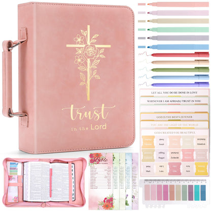 XKDOUS 20 Pcs Bible Case Set with Tabs, Pens, Study Supplies Carrier Holder Portable Men's Bible Bag Church Book Leather Cover Father Day Christian Gift for Dad, Mom, Men, Women