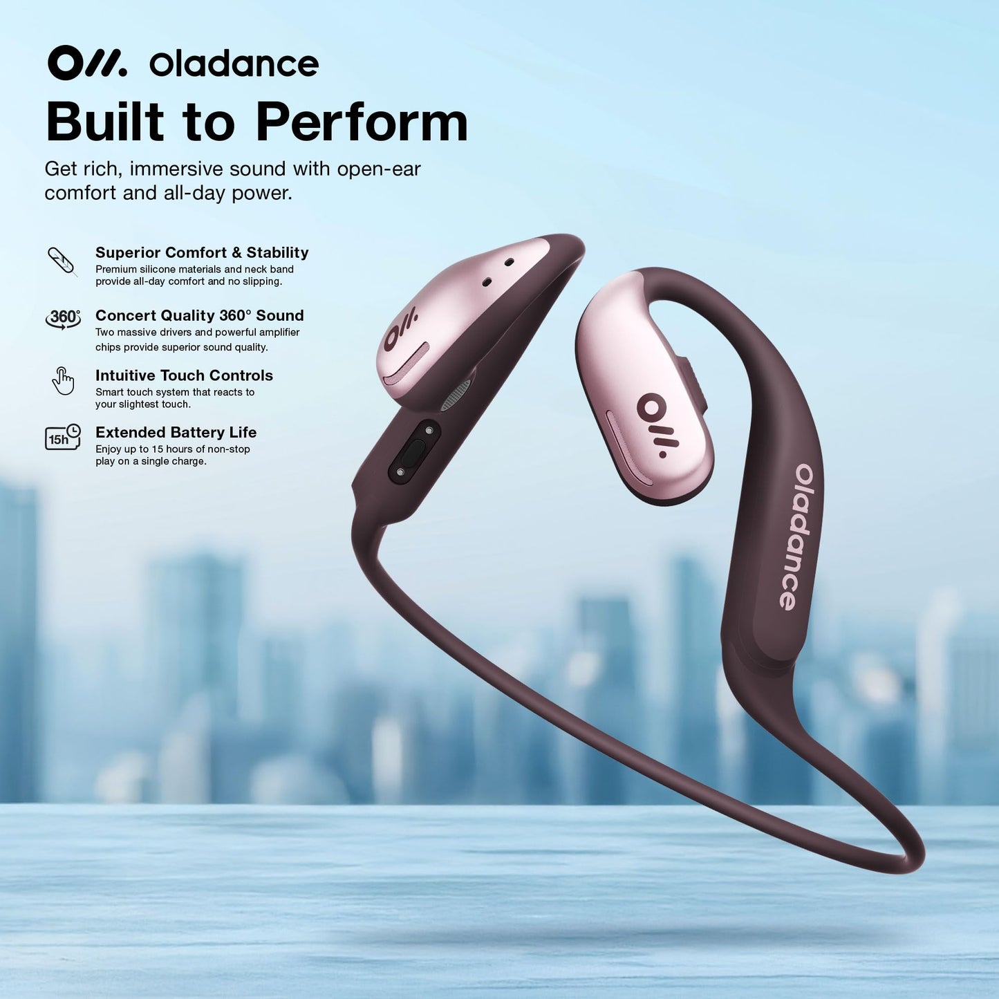 Oladance OWS Sports Open Ear Headphones, Comfortable & Stable Fit, 15H Battery Life, IPX8 Waterproof, Noise Canceling, Crystal Clear Audio, Multi-Point Bluetooth Connection, Durable Neckband (Grey)