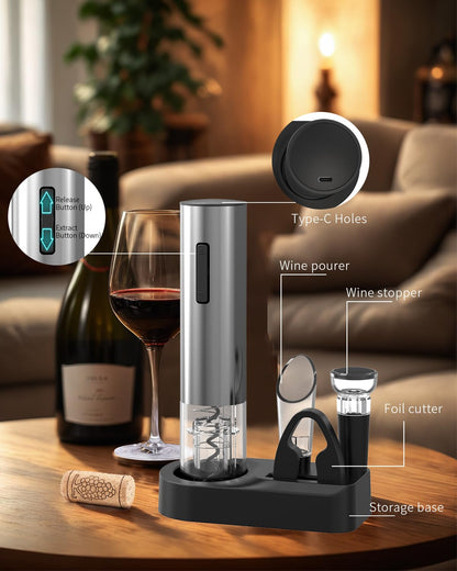 CIRCLE JOY Electric Wine Opener Rechargeable 5-in-1 Stainless Steel Wine Gift Set with Foil Cutter, Wine Aerator Pourer, Wine Drip Ring & Vacuum Stopper, Ideal Gifts for Wine Lovers, Silver