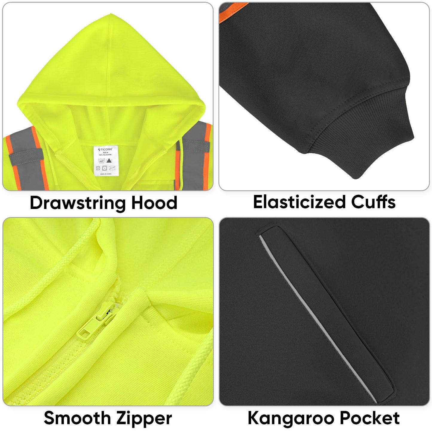 TICONN Safety Hoodie Jacket, High Vis Reflective Safety Fleece Hoodie, PPE Gear for Cold Weather Meet ANSI III