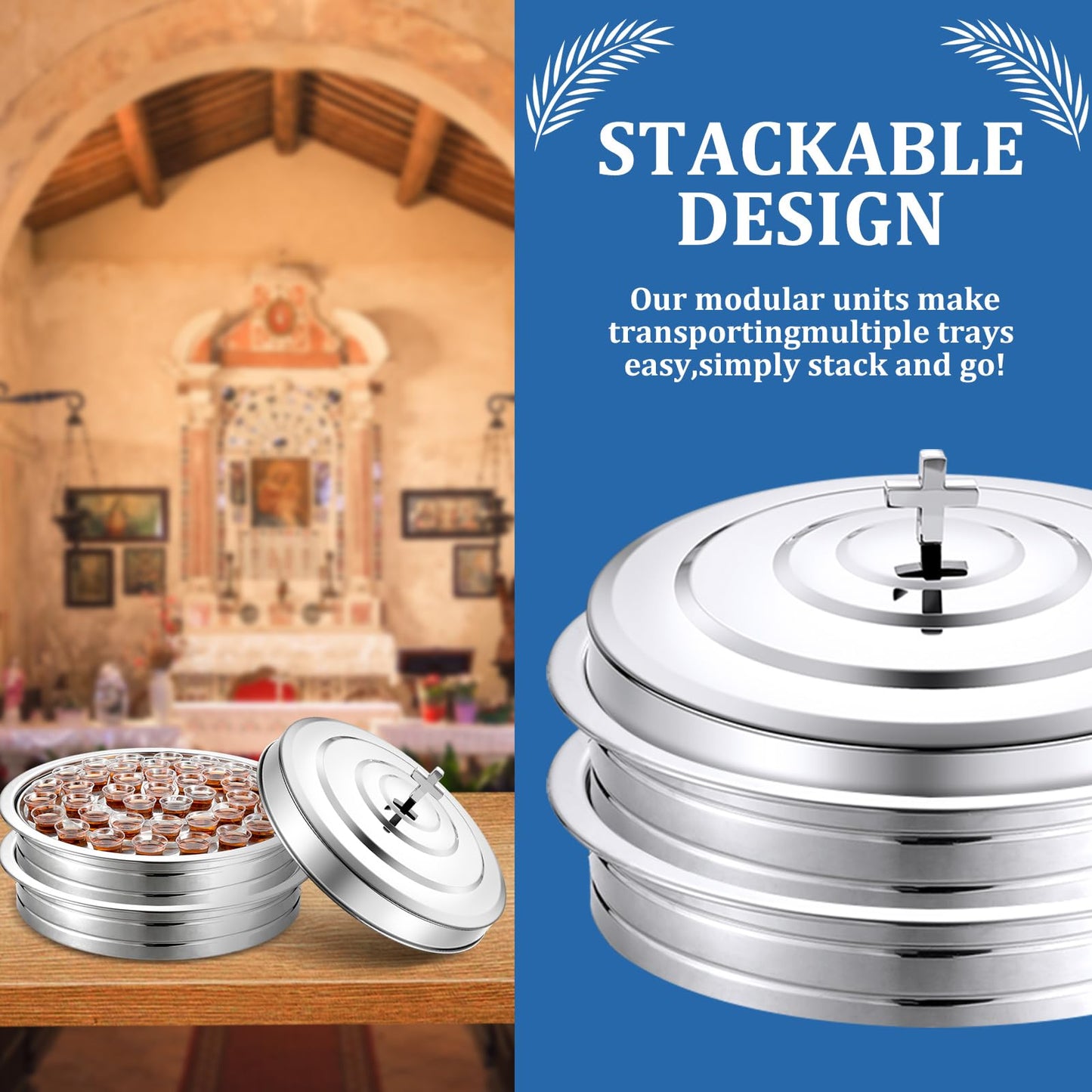Jingmore Communion 2 Trays with Lid Christmas Holy Wine Serving Trays House up 80 Cups Stacking Stainless Steel Churches Ware Wine Bread Christmas Party Supplies (Gold)