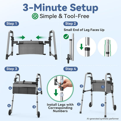 Loyoda Folding Walker with 2 Skis and 5" Wheels, Lightweight Walkers for Seniors and Adults, Supports Up to 350 Pounds, Adjustable Height, Compact Standard Walker, Black