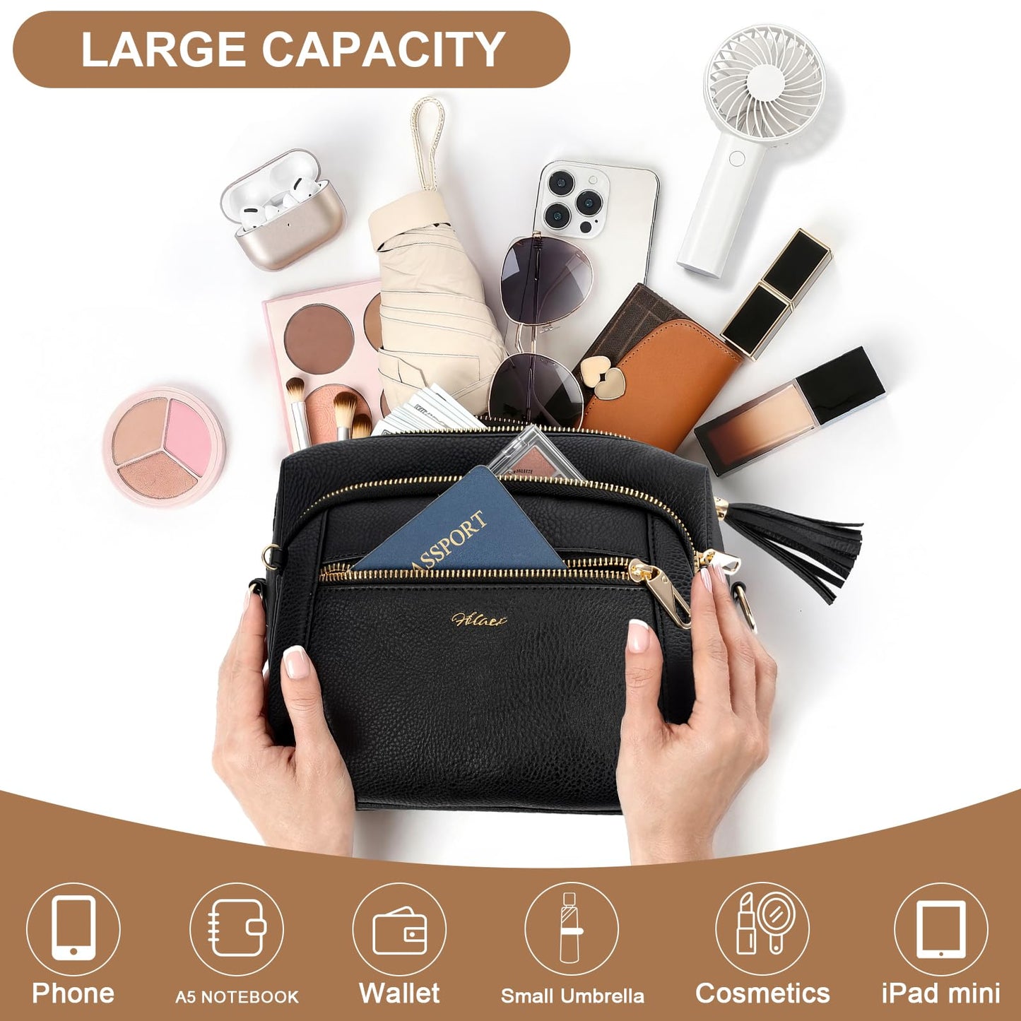 Small Leather Crossbody Bags for Women Anti theft Purses and Handbag Shoulder Hangbag with Wide Strap Tassel