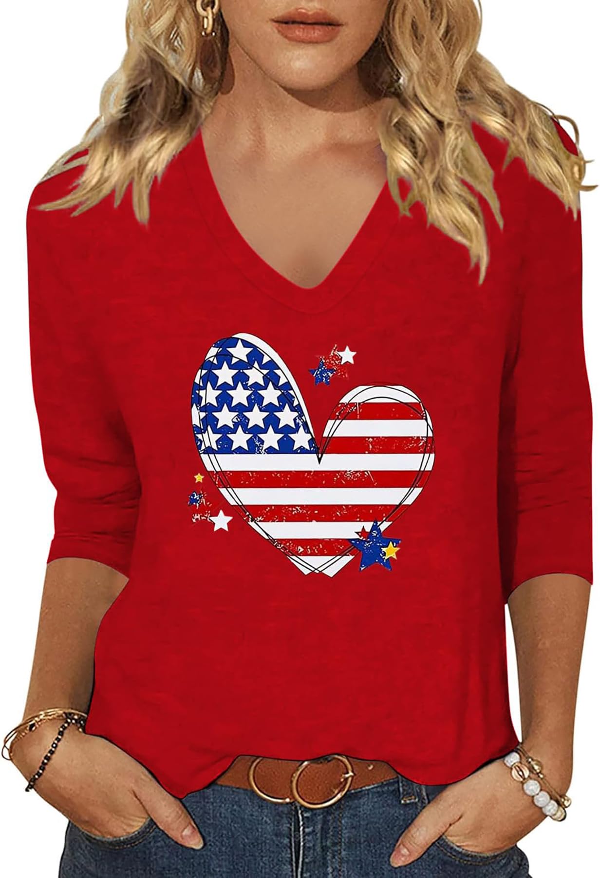 Womens V Neck Flowers Shirts Boho Floral Printed T-Shirt Vintage Graphic Tee Summer Casual Cute 3/4 Sleeve Tops