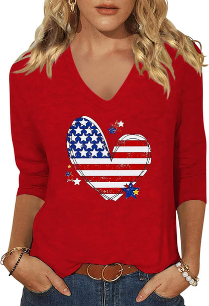 Womens V Neck Flowers Shirts Boho Floral Printed T-Shirt Vintage Graphic Tee Summer Casual Cute 3/4 Sleeve Tops