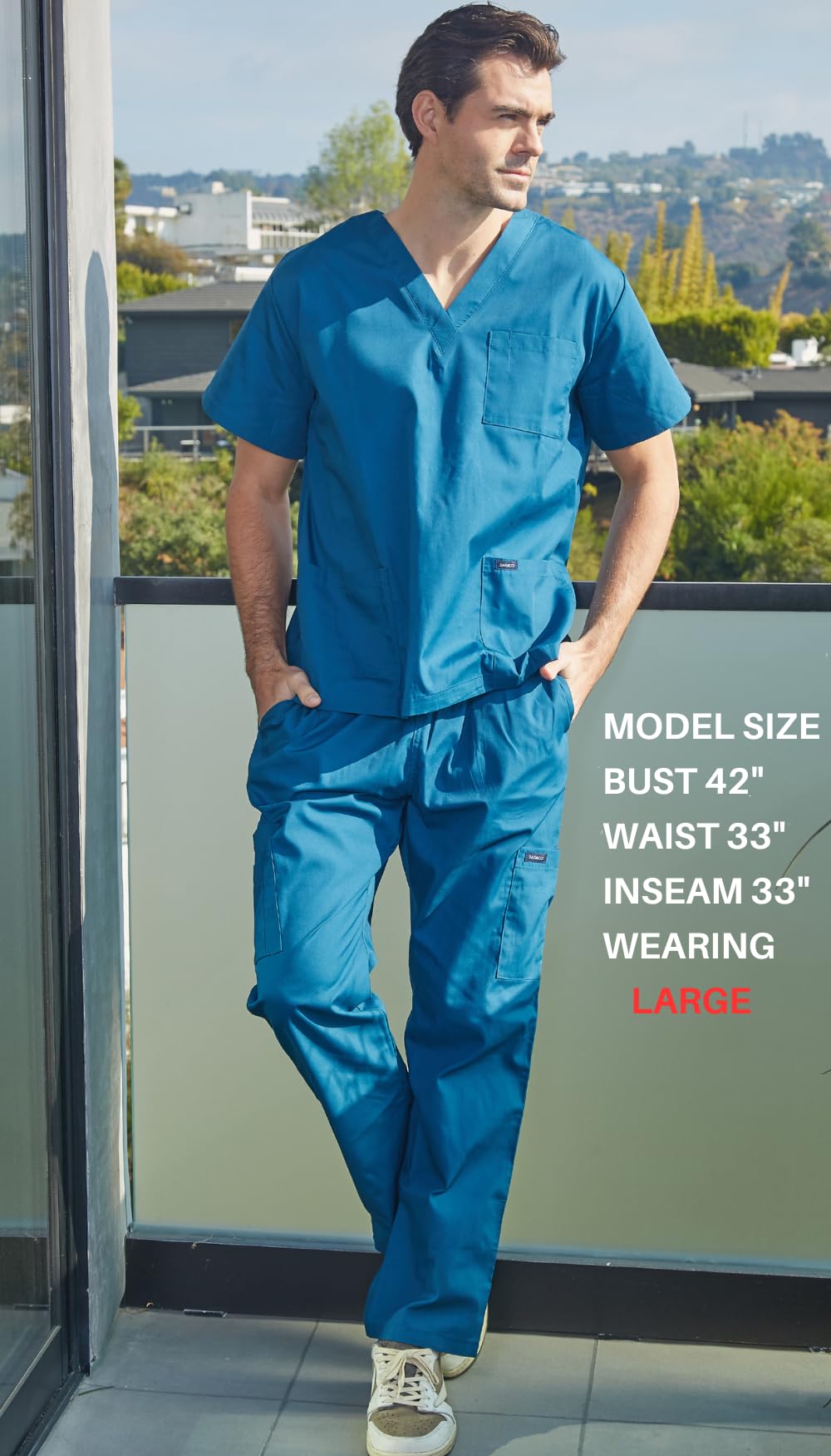 Dagacci Medical Uniform® Men's V-Neck Cargo Scrubs | Cotton Blend, Matching Top and Cargo Pants Set, 8 Pockets, Elastic Drawcord Waistband, for Men in Healthcare