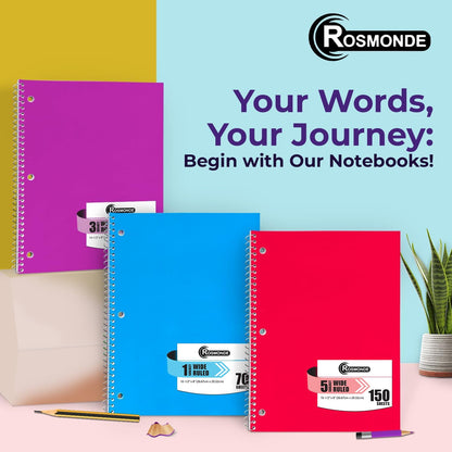 Rosmonde Spiral Notebooks, 12 Pack, 1 Subject Notebook, Wide Ruled, 70 Sheets, 8 x 10-1/2", 3 Hole Punched, School Supplies, Bulk Single Subject Spiral Notebook Bulk, Assorted Colors Pack of Notebooks