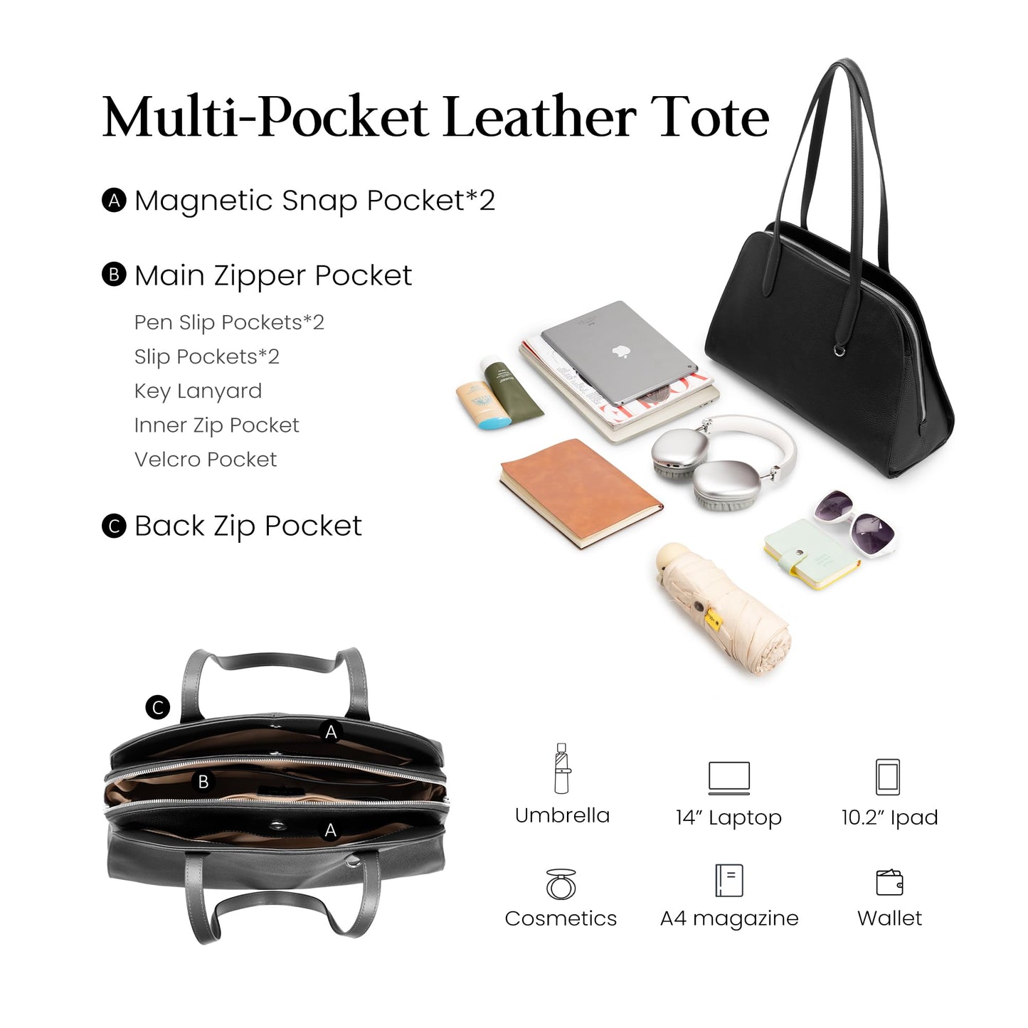 befen Genuine Leather Tote Bag for Women Work, Women's Leather Shoulder Bags Purses Satchel Handbags with Laptop Compartment