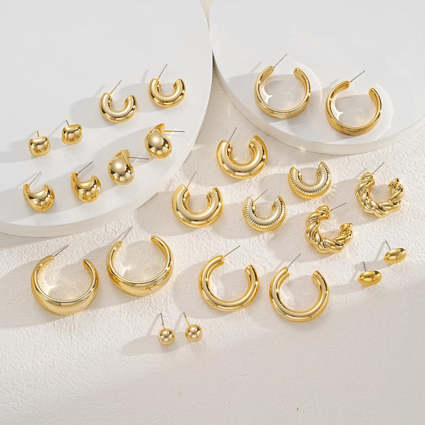 12 Pairs Chunky Gold Hoop Earrings for Women Trendy, Gold Plated Lightweight Hypoallergenic Stack, Thick Open Twisted Huggie Hoops Earring Set