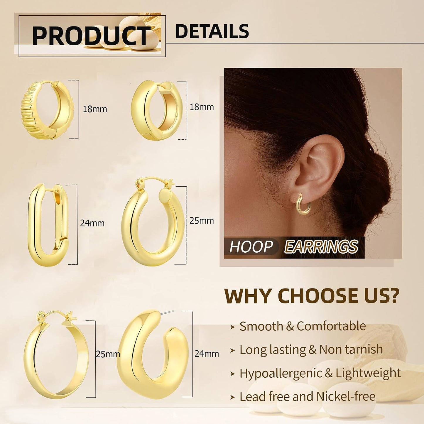 ALLHOLA 6 Pairs 14K Gold Plated Hoop Earrings for Women Trendy Chunky Lightweight Hoop Earrings Multipack Hypoallergenic, Thick Twisted Huggie Hoops Earring Set Jewelry for Gifts