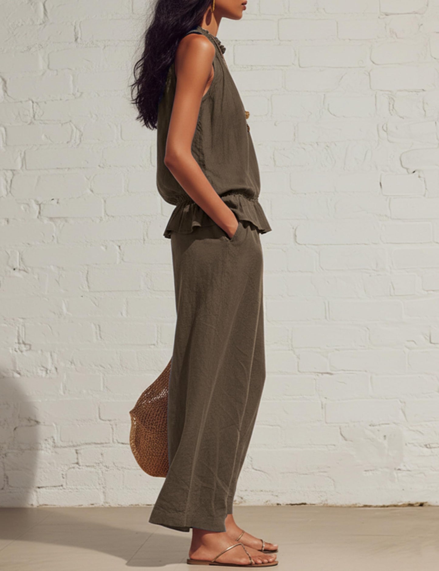 Tanming Women's Linen 2 Piece Outfits Sleeveless Ruffle Top Wide Leg Pants Summer Loungewear Beach Travel Sets