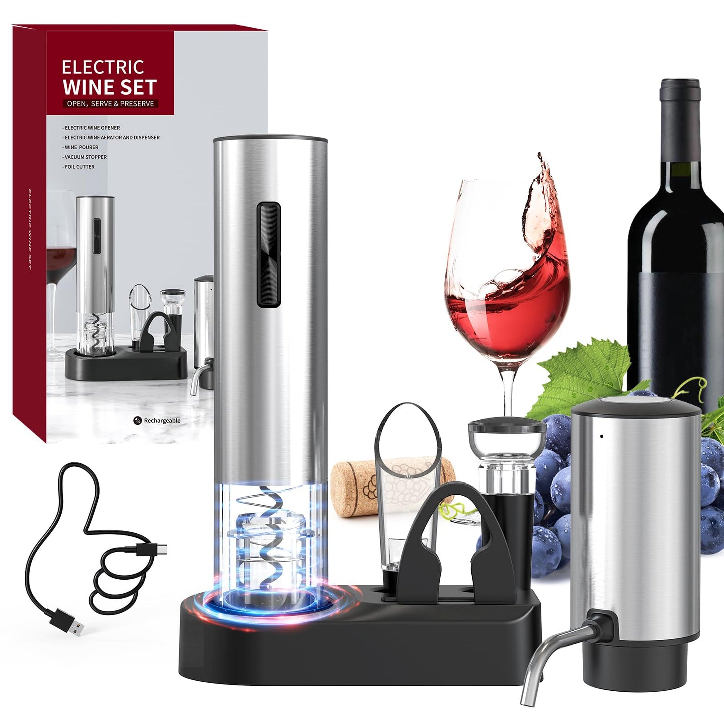 CIRCLE JOY Electric Wine Opener Rechargeable 5-in-1 Stainless Steel Wine Gift Set with Foil Cutter, Wine Aerator Pourer, Wine Drip Ring & Vacuum Stopper, Ideal Gifts for Wine Lovers, Silver