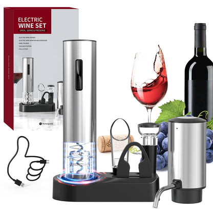 CIRCLE JOY Electric Wine Opener Rechargeable 5-in-1 Stainless Steel Wine Gift Set with Foil Cutter, Wine Aerator Pourer, Wine Drip Ring & Vacuum Stopper, Ideal Gifts for Wine Lovers, Silver