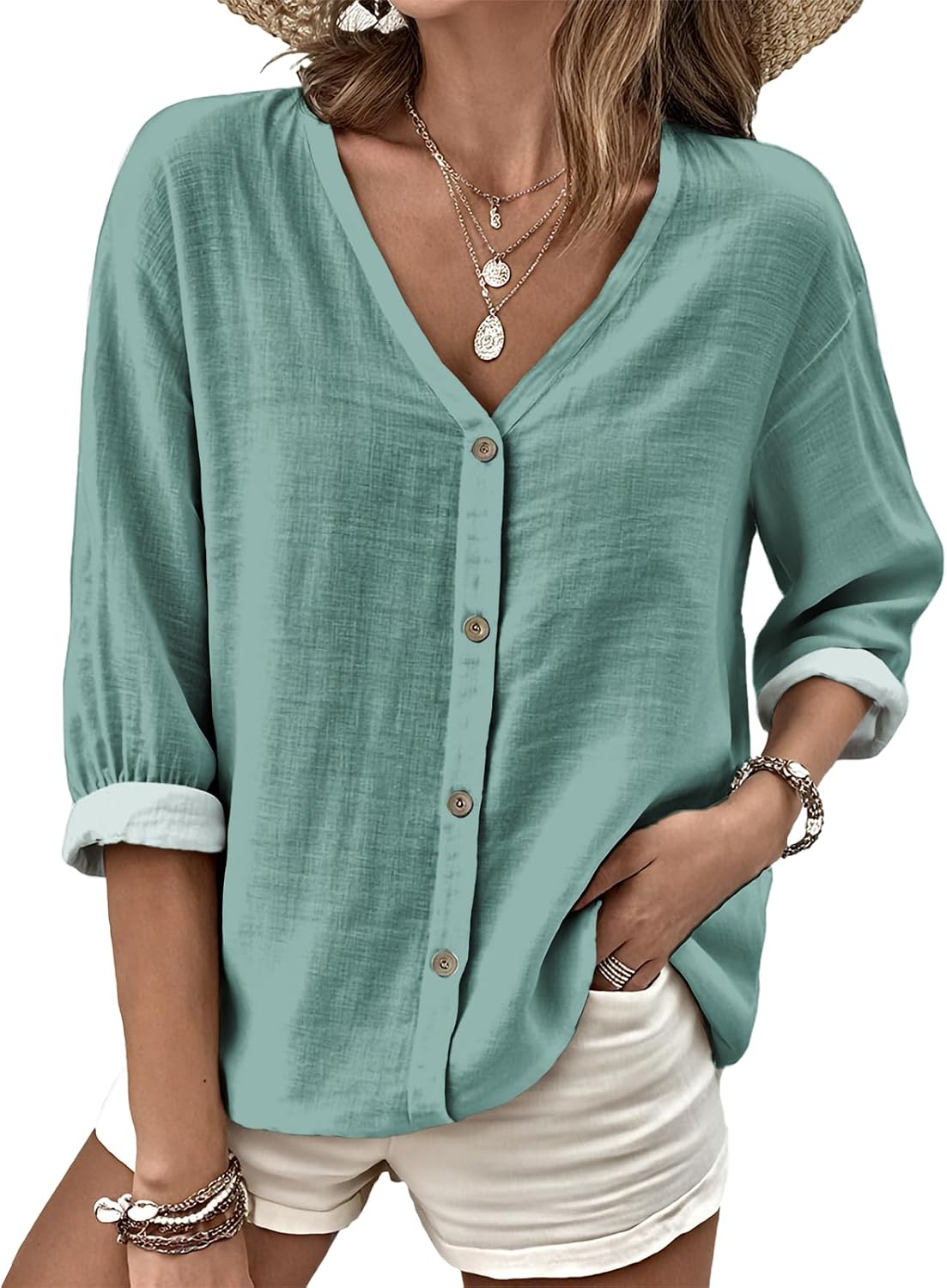 MARSVOVO V Neck Shirts for Women Lightweight Decorative Button 3/4 Sleeve Blouses Comfy Casual Business Flowy Top