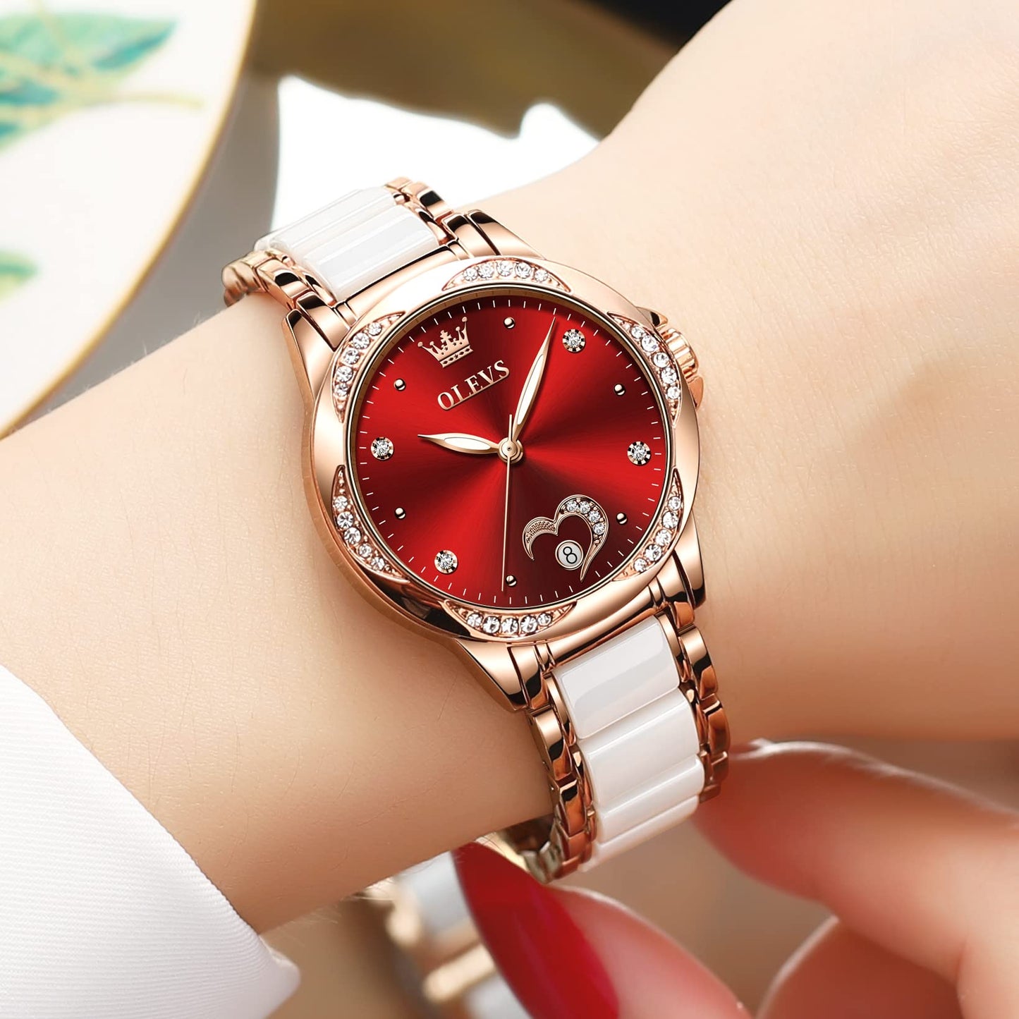 OLEVS Womens Automatic Watch, Premium Large Face Diamond Accented Self Winding Watches for Women, Fashion Waterproof Ladies Dress Watch, Two Tone Stainless Steel Ceramic Bracelet