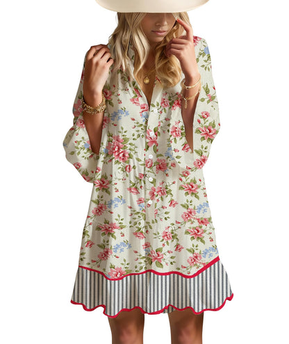 Opemiby Summer Dresses for Women 2026 Flowy Ruffle 3/4 Sleeve V Neck Tiered Casual Babydoll Boho Beach Mini Dress
