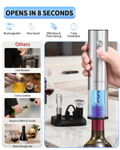 CIRCLE JOY Electric Wine Opener Rechargeable 5-in-1 Stainless Steel Wine Gift Set with Foil Cutter, Wine Aerator Pourer, Wine Drip Ring & Vacuum Stopper, Ideal Gifts for Wine Lovers, Silver