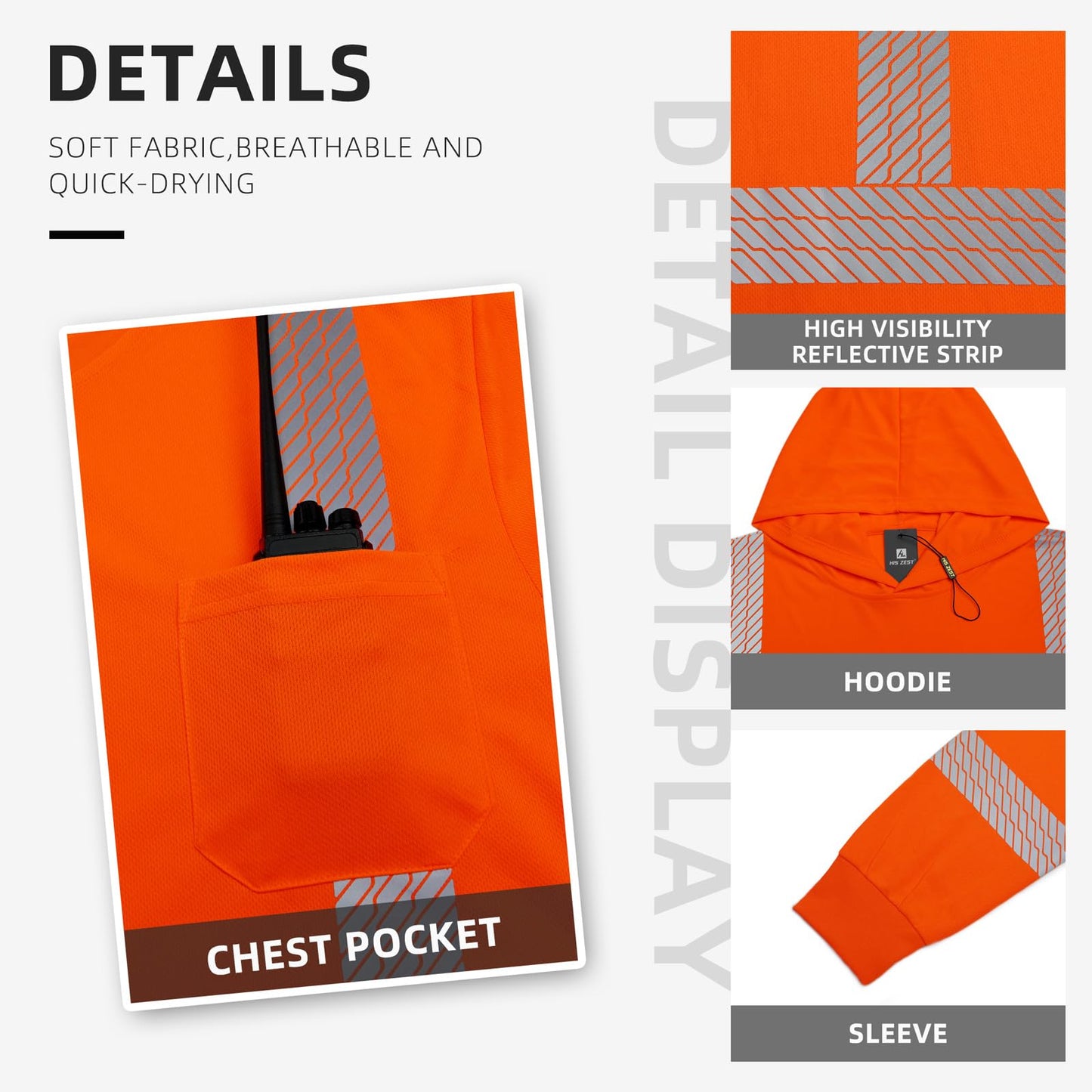 High Visibility Hoodies for Men,Safety Reflective Long Sleeve ANSI Class 3 Hi Vis Construction Work Shirts with Hood