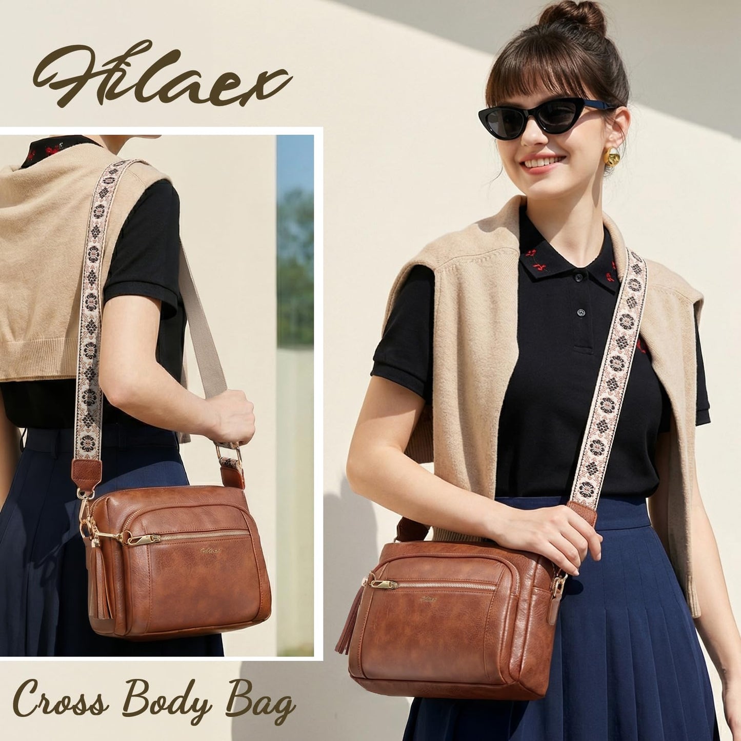 Small Leather Crossbody Bags for Women Anti theft Purses and Handbag Shoulder Hangbag with Wide Strap Tassel