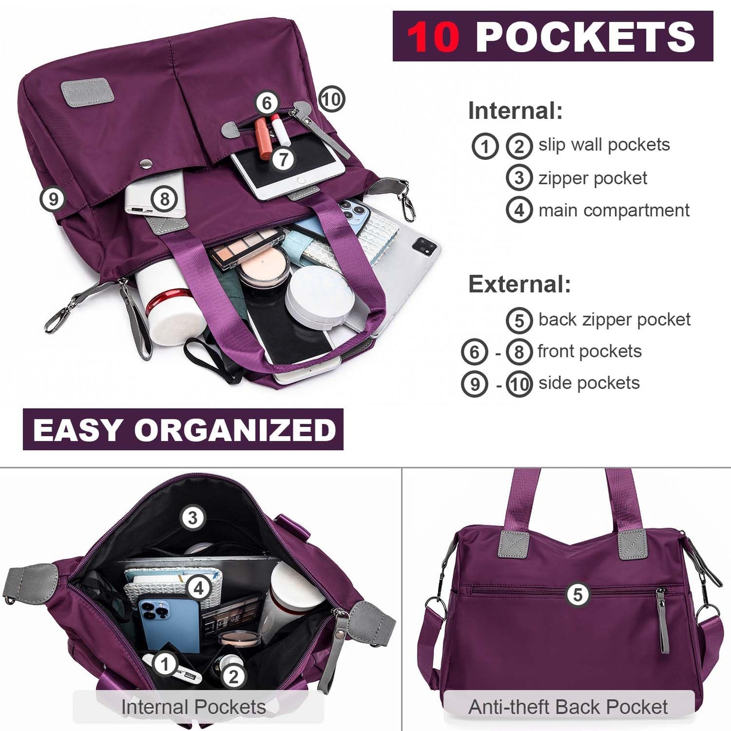 Tote Bag for Women,Multi Pockets Shoulder Handbag,Nurse Bag for Work,Large Cross body Purse,Fashion Nylon Top Handle Satchel