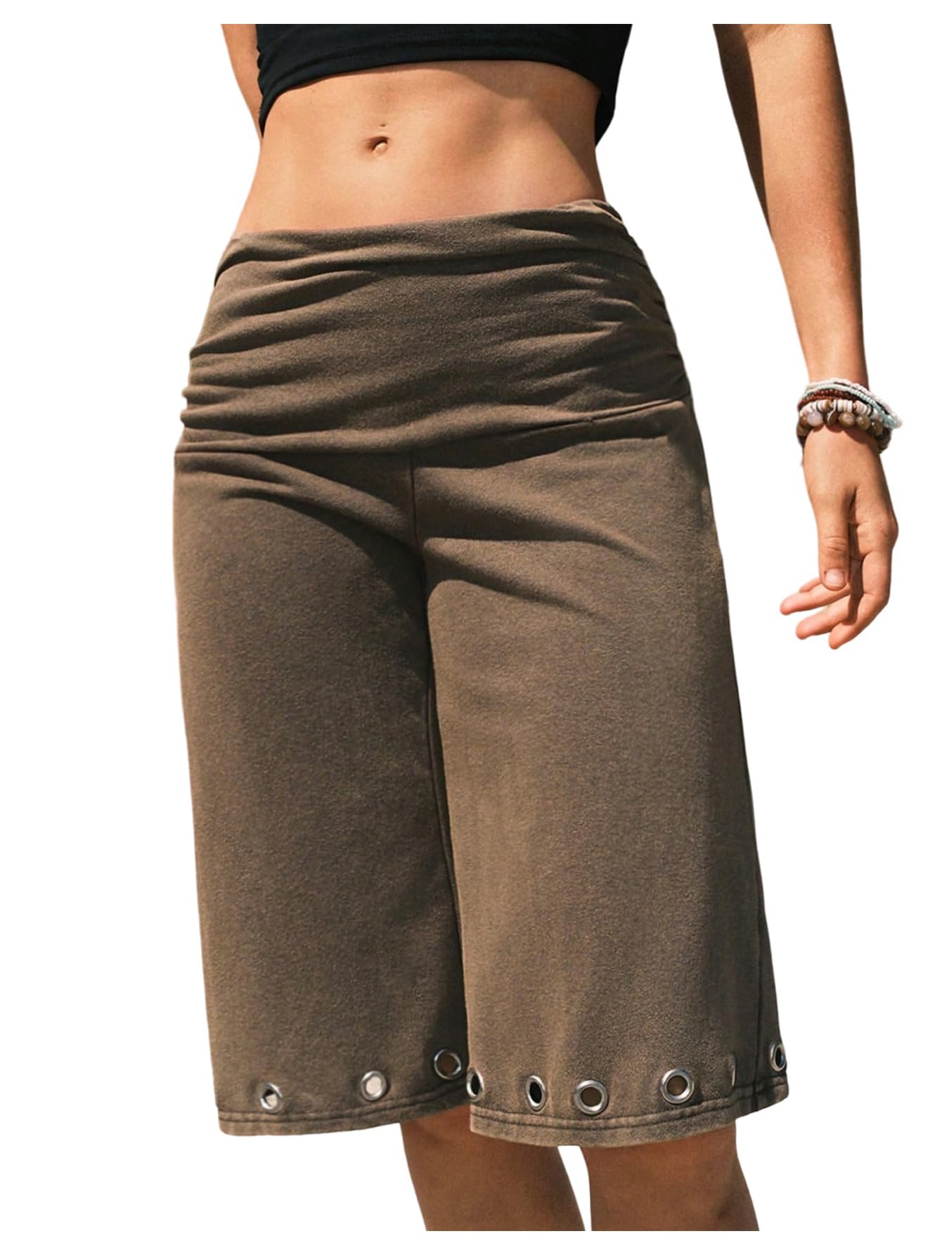 Verdusa Women's Fold Over Shorts Carpi Pants Washed Grommet Bermuda Shorts Gaucho Pants Going Out