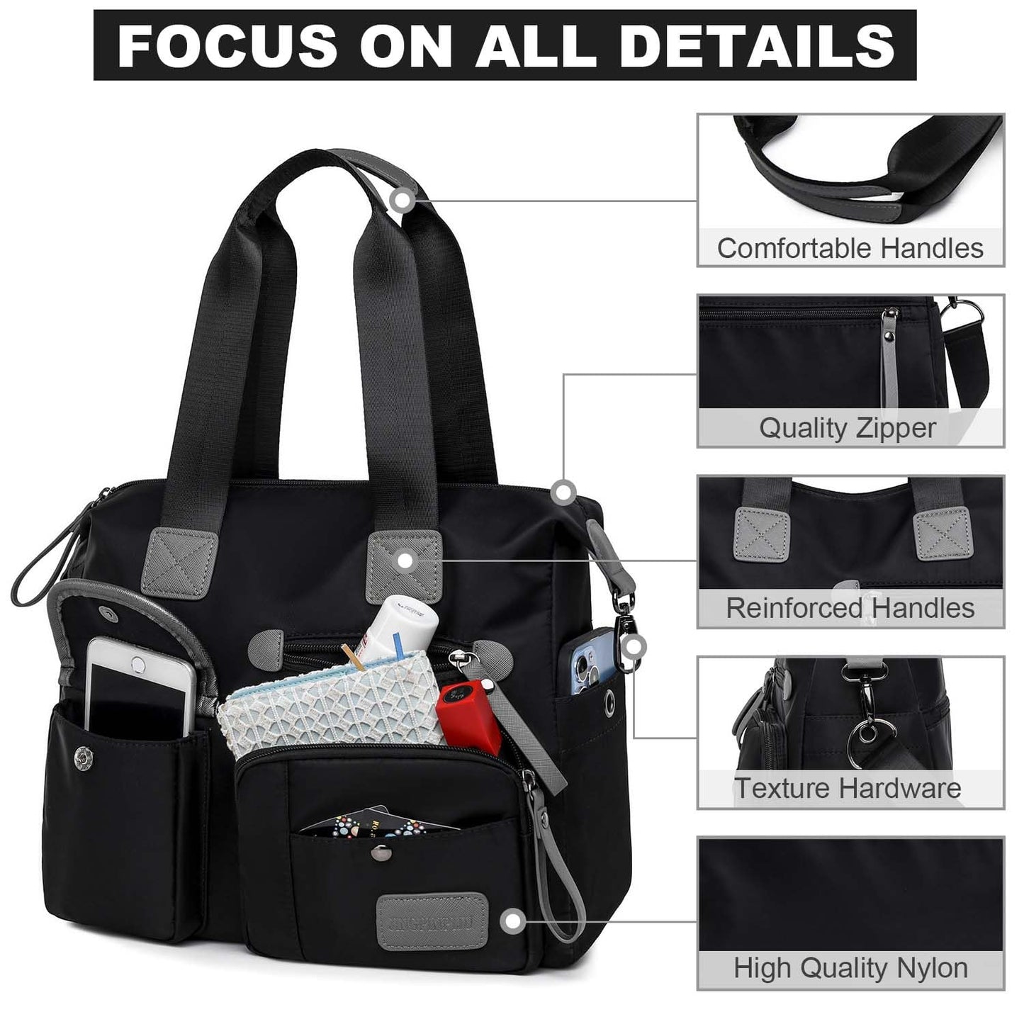 Tote Bag for Women,Multi Pockets Shoulder Handbag,Nurse Bag for Work,Large Cross body Purse,Fashion Nylon Top Handle Satchel