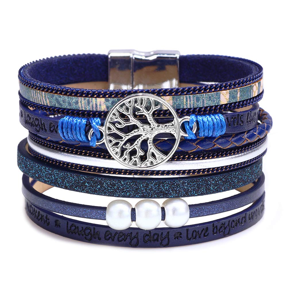 Fesciory Leopard Bracelet for Women, Boho Leather Wrap Multi-Layer Pearl Crystal Bracelet Bangle Jewelry